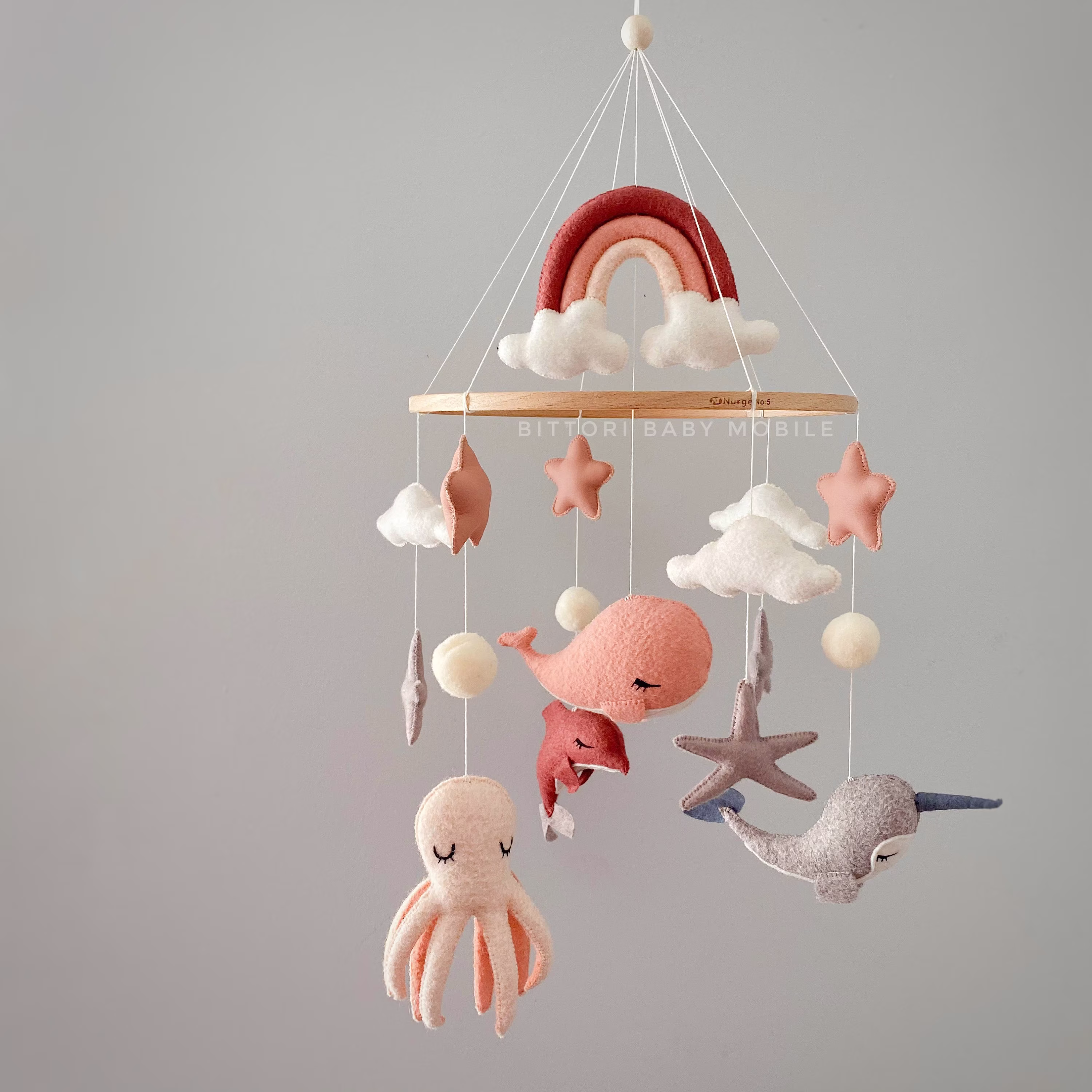 Ocean Mobile With Whale Dolphin Octopus Narwhal Clouds For Baby Girl Powder Pink Rainbow Decor Under The Water Theme Blush Nursery