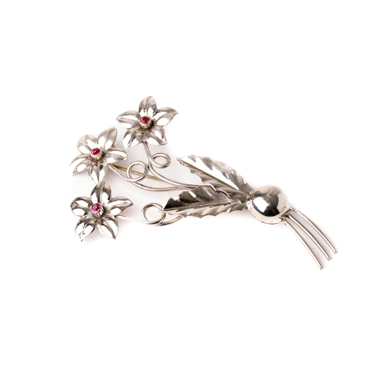 Vintage Sterling Silver Red Rhinestone Flower Brooch