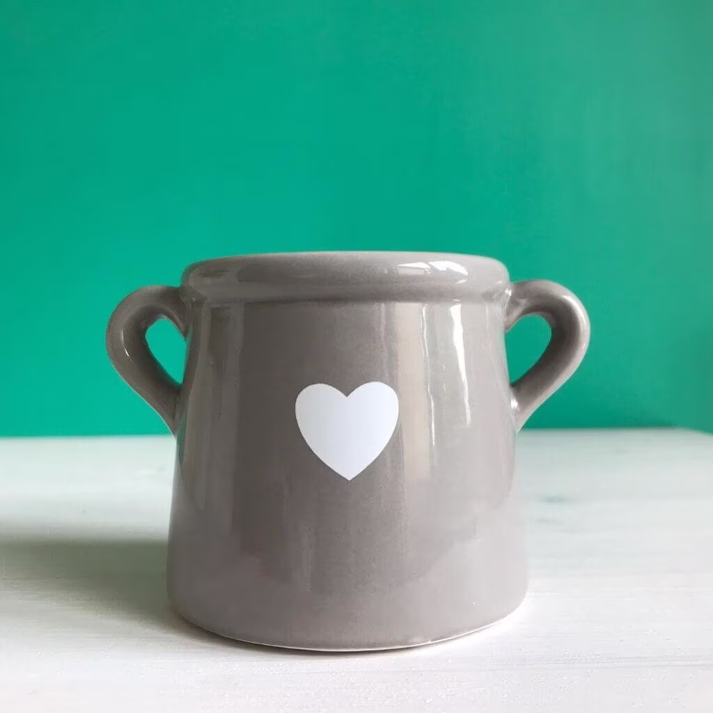 Small Ceramic Grey Pot With White Heart & Handles. Plant Pot