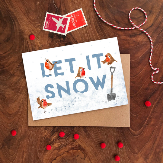 Let It Snow Illustrated Greetings Card, Plastic Free Robin Holiday A6 Seasonal Winter Card