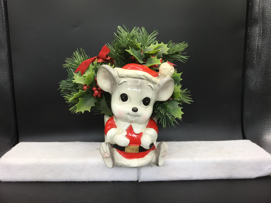 Vintage Christmas Mouse Planter With Plants