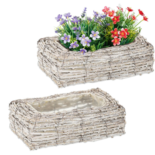 Relaxdays - Set of 2 Plant Pots, Rattan, Flower Baskets with Foil, hdw: 8x27x17cm, Indoors Square Planters, White/Natural