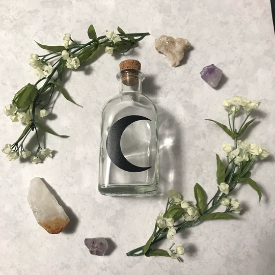 Crescent Moon Glass Bottle With Cork | Full Dark Goddess Ritual Magick Herb Jar Spells Alter Tools
