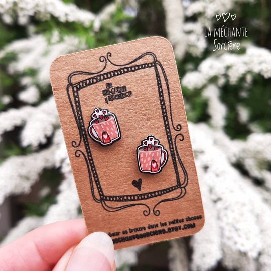 Cute Earrings, La Méchante Sorcière, Tea Lover, Pink Mug, Heart, Love, Perfect Gift, Stainless Steel Stud, Hypoallergenic, Cup Of