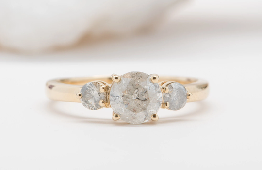 1Ct Round Brilliant Salt & Pepper Diamond 14K Yellow Gold Engagement Ring Three Stone Ooak Alternative Bride Unique R6009