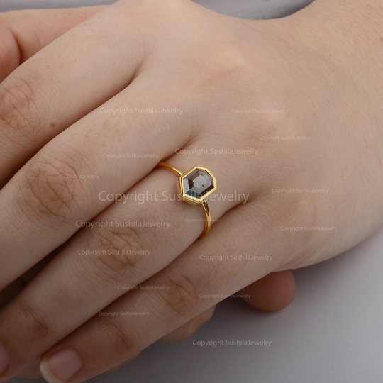 Genuine Vintage Salt & Pepper Diamond Ring, Engagement 14K Gold Geometric Gift For Her