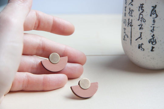 Powder Mauve, Dusty Pink Stud Earrings, Semicircle Modern Art Déco Geometric Wooden & Brass Studs, Nickel Free