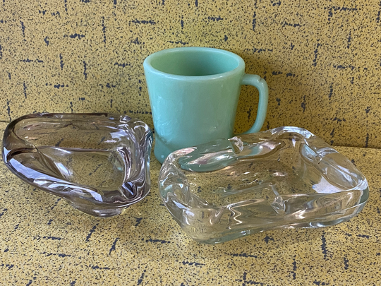Mcm Art Glass Pieces - Set Of 2 Organic Shapes 1 Clear, Amber Vtg. 80S From Europe Rare Excellent Condition Beauties Ashtrays?