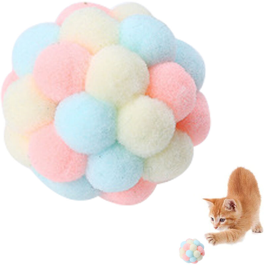 Devenirriche - Colourful Cat Ball, Handmade Plush Bouncy Ball and Bark Interactive Toy for Cats Kittens Training, yellow powder blue