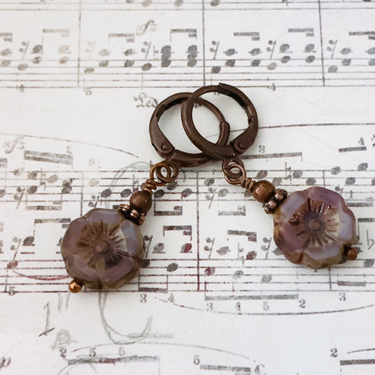 Antique Copper & Czech Glass Lavender Hibiscus Flower Earrings. Earrings, Rustic Purple Earrings