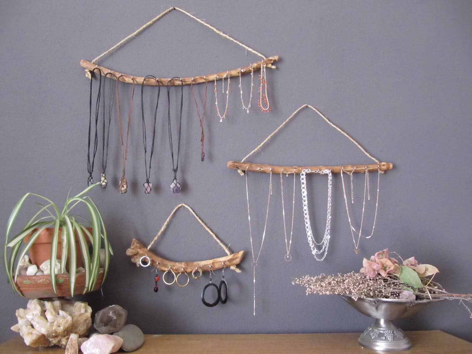 Olive Wood Jewelry Hanger Organizer For Wall Hangings, Zero Waste Eco Friendly Vegan Gift. Hanging Branch Organisers Display