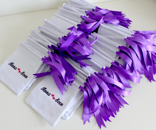 White Custom Printed Cotton Pouches With Satin Ribbon. Sustainable Drawstring Pouches