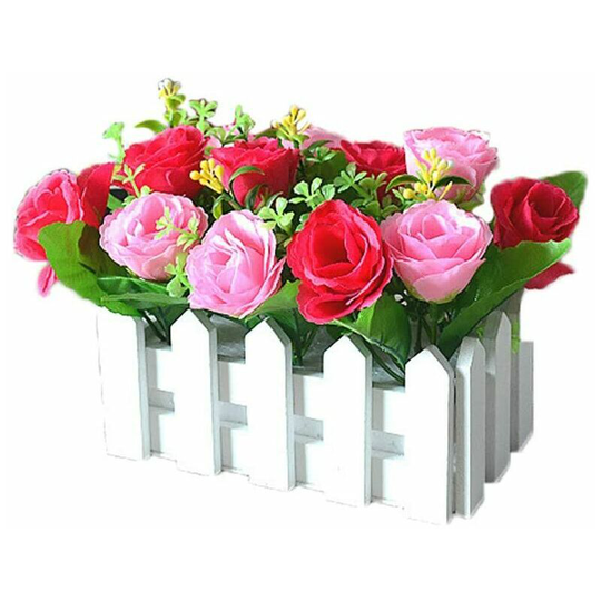 Artificial Flowers Potted Fake Flowers Fake Plant Yellow White Hibiscus Flowers Wooden Fence Wedding Decoration 16 x 8.5 x 13 cm (Pink Pink Hibiscus