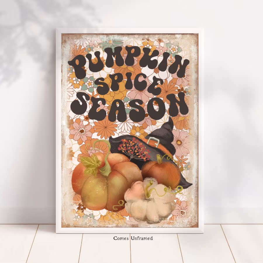 Retro Pumpkin Spice Season Print, Boho Autumn Fall, Home Decoration, Wall Art, 70S Style Poster, Halloween Sign, Print
