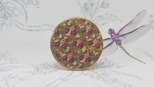 Vintage Floral Compact Mirror, Vintage Roses Loose Powder Compact, Gold Tone Engine Turned Mirror