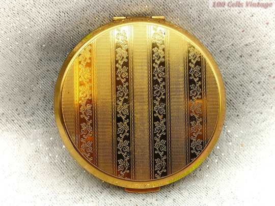 Stratton-Gold Tone Floral Stripes-Vintage Ladies Powder Compact -8cm