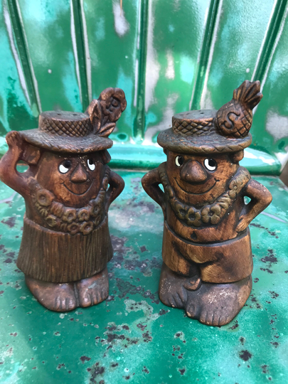 Vintage Treasure Craft Of Hawaii Tiki Tourist Salt & Pepper Shakers, 1960's