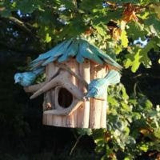 Hand-Crafted Driftwood Birdhouse, Blue Roof, 2 Birds