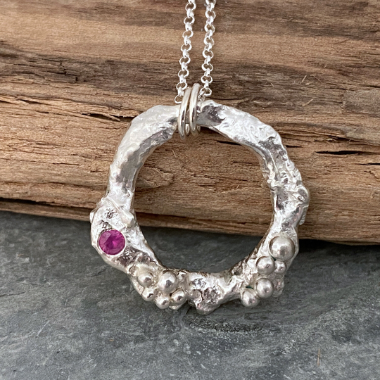 Molten Silver Necklace, Organic Ring Pendant On A Chain, Recycled Jewellery, Orange Sapphire One Of Kind Necklace