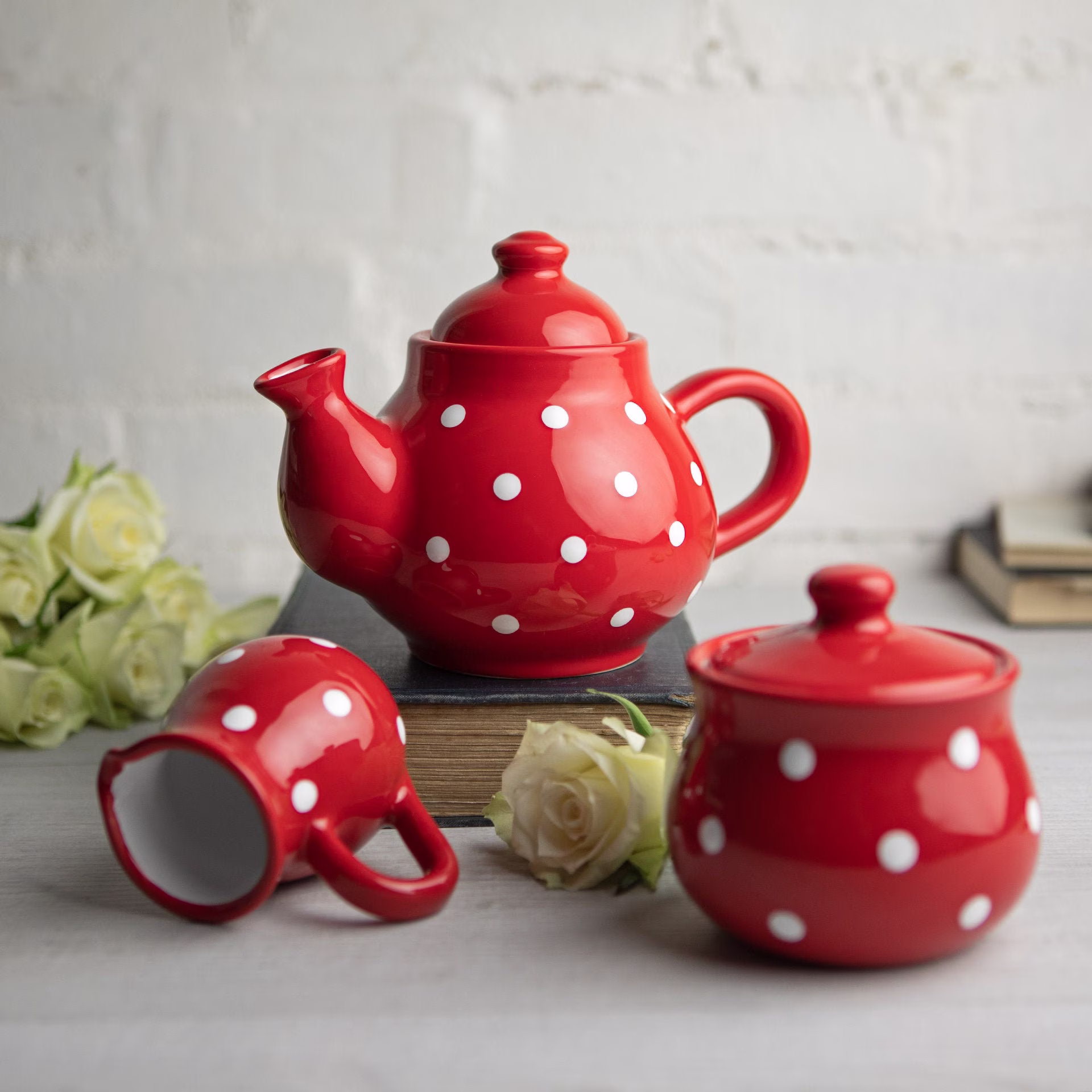 Red Ceramic Tea Set, Handmade Teapot Small Teapot, Milk Jug, Sugar Bowl Stoneware Pottery With White Polka Dot