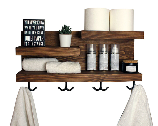 Bathroom Storage Shelf Organizer With Bronze Towel Hooks, Farmhouse Country Rustic Storage, Modern Farmhouse, Apartment Decor