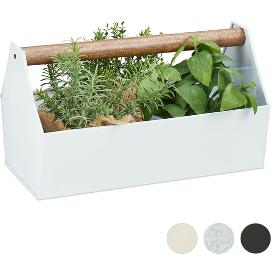 Relaxdays - Zinc Box With Wooden Handle, Decor - Tool Box, Flowers & Herbs, Balcony, Planter, Galvanized Iron, White