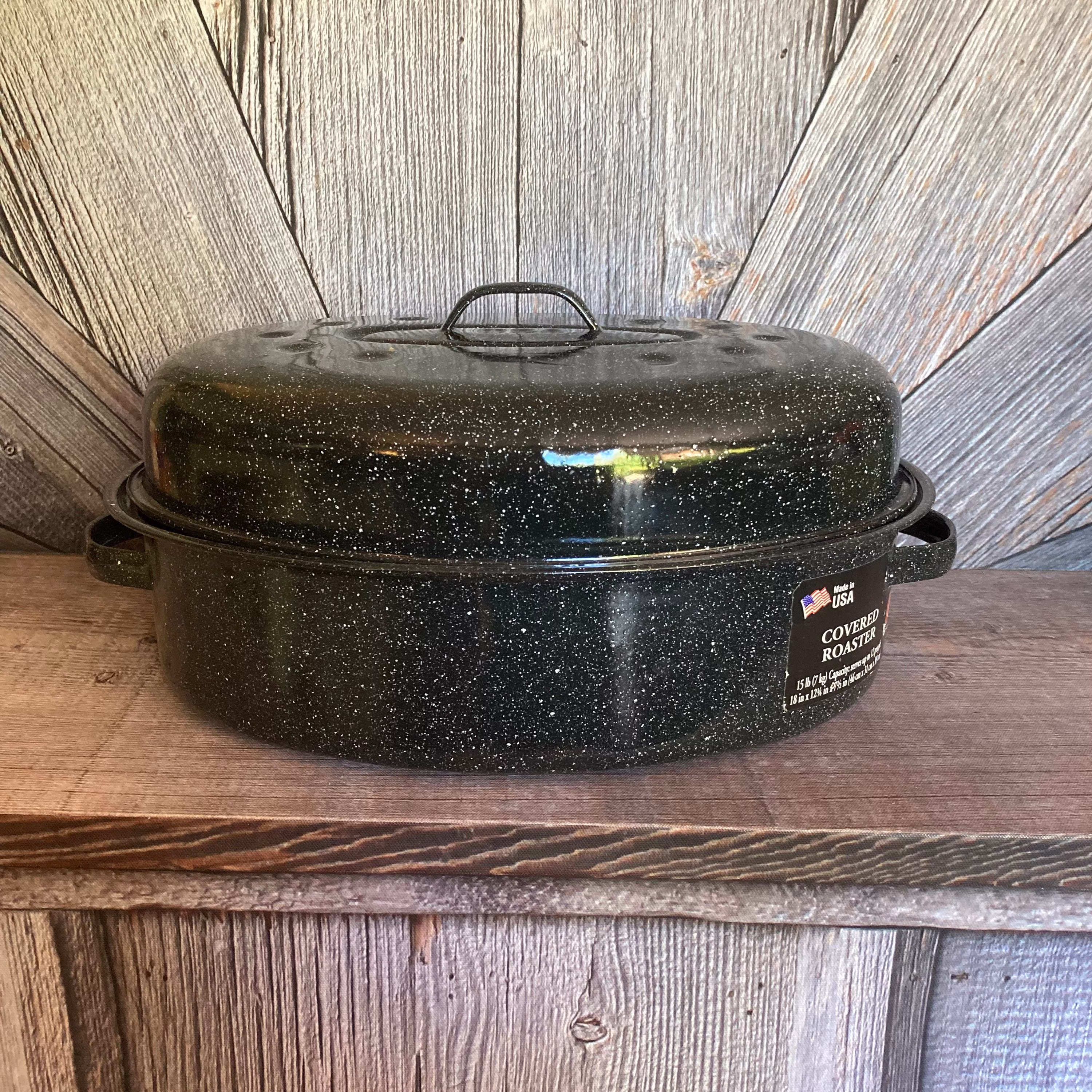 Vintage Enamel Roaster Roasting Pan Rooster Chicken Basin Bowl with Lid Enamelware Oval Storage Graniteware Garden Planter