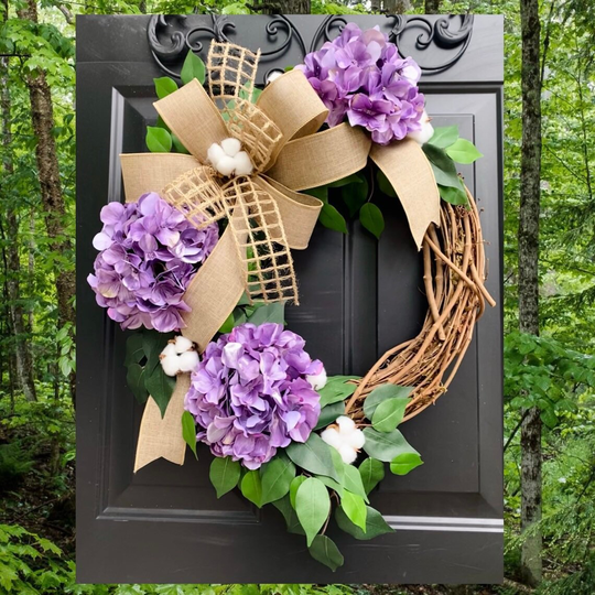Purple Hydrangea Wreath, Farmhouse All Season Summer Spring Rustic Home Decor, Cotton Grapevine Wreaths