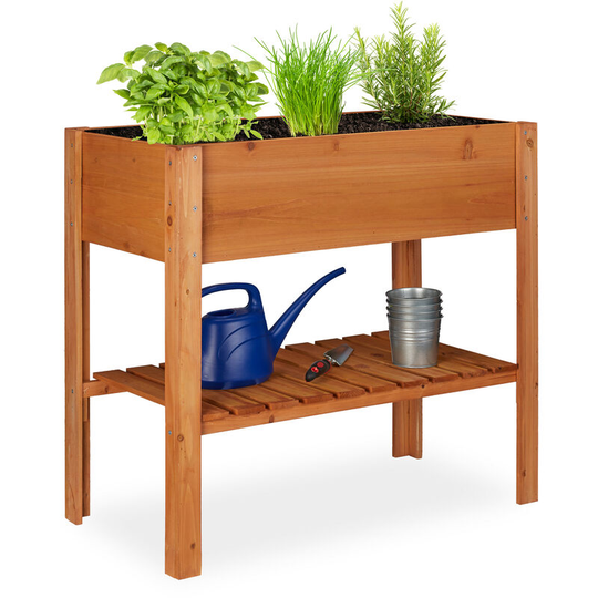 Relaxdays - Raised Flowerbed, Fir Wood, Shelf, 4 Legs, Plant Box, Flowers, Herbs, HxWxD: 80 x 88 x 43.5 cm, Red-Brown