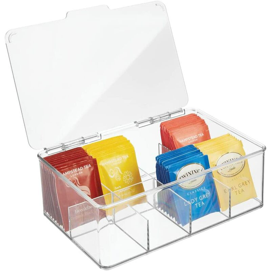 Plastic Tea Bag Divided Storage Organizer Container Box with Hinge Lid for Kitchen Cabinet, Countertop, Pantry, Hold Coffee Pods, Seasoning Packets,