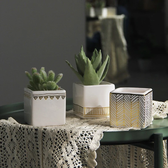 Set Of Three Macaron Succulent Plant Pots Golden Geometric Ceramic Planter With Drainage Holes One Set 3 Pots Modernistic Home Decoration