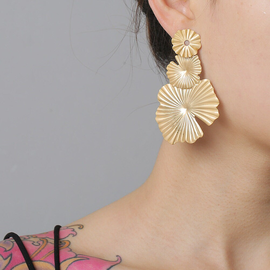 Large Flower Earrings, Hibiscus Matte Gold Floral Statement Boho Wedding, Bridal Earrings