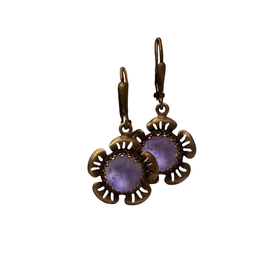 Recycled Early 1900's Amethyst Glass Medicine Bottle & Antique Brass Flower Lever Back Earrings