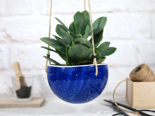 Blue Speckled Ceramic Hanging Planter | Wall Pot Modern Scandinavian Decor Lover Gift