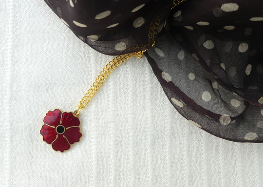 Fish Small Red Flower Pendant With Black Centre, 22Ct Gold-Plated Cloisonné Enamel Flowernecklace On Fine Gold Plated Chain, Vintage 1980S