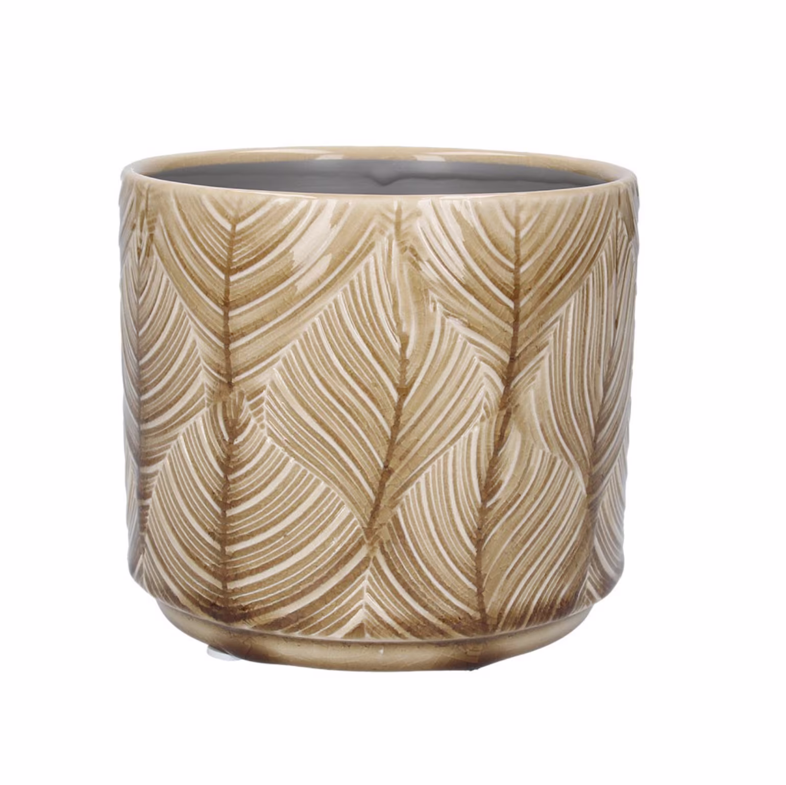 Mustard Leaf Glazed Ceramic House Plant Pot Cover, Sand Yellow Geometric Design, Indoor Succulent Planter - 4 Sizes