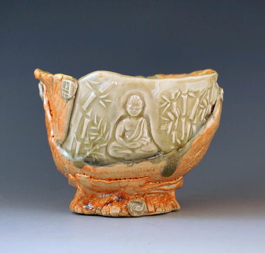 Wabi-Sabi Matcha Bowl With Buddha Motif For Peaceful Tea Drinking