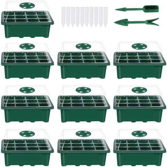 10 Set Seed Trays Seedling Starter Tray (12 Cells per Tray)with Adjustable Dome Lids and Base Plus Plant Tags Hand Tool Kit,Green