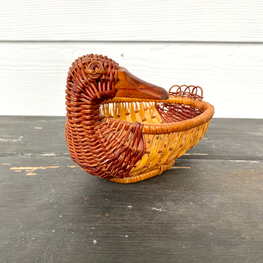 Wicker Duck Basket, Small Vintage Rattan Organizer W/Wood Duckbill, Boho Bathroom/Kitchen Decor, Office Catch All Basket