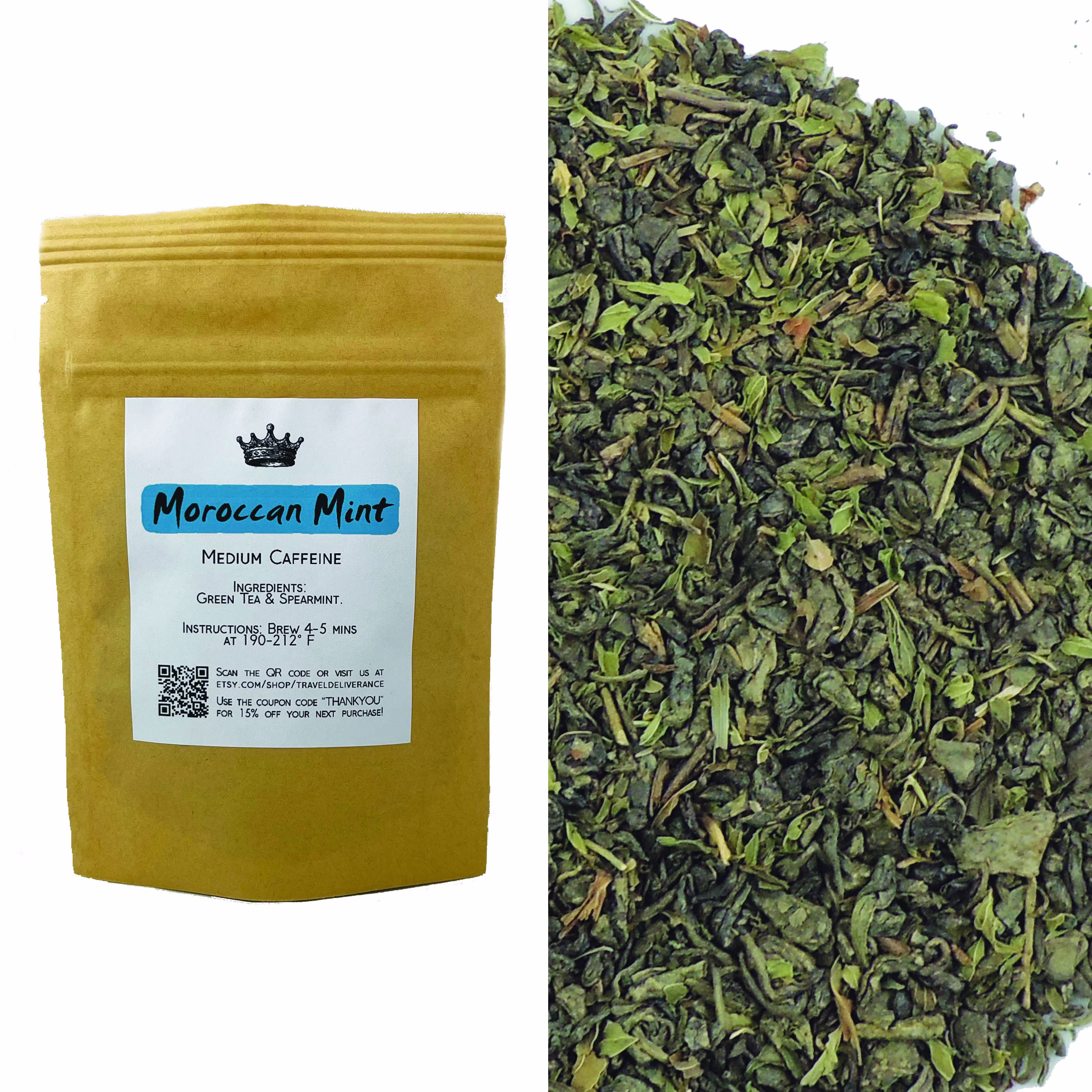 Moroccan Mint Green Loose Leaf Tea Herbal Medium Caffeine Peppermint Spearmint Morning Afternoon