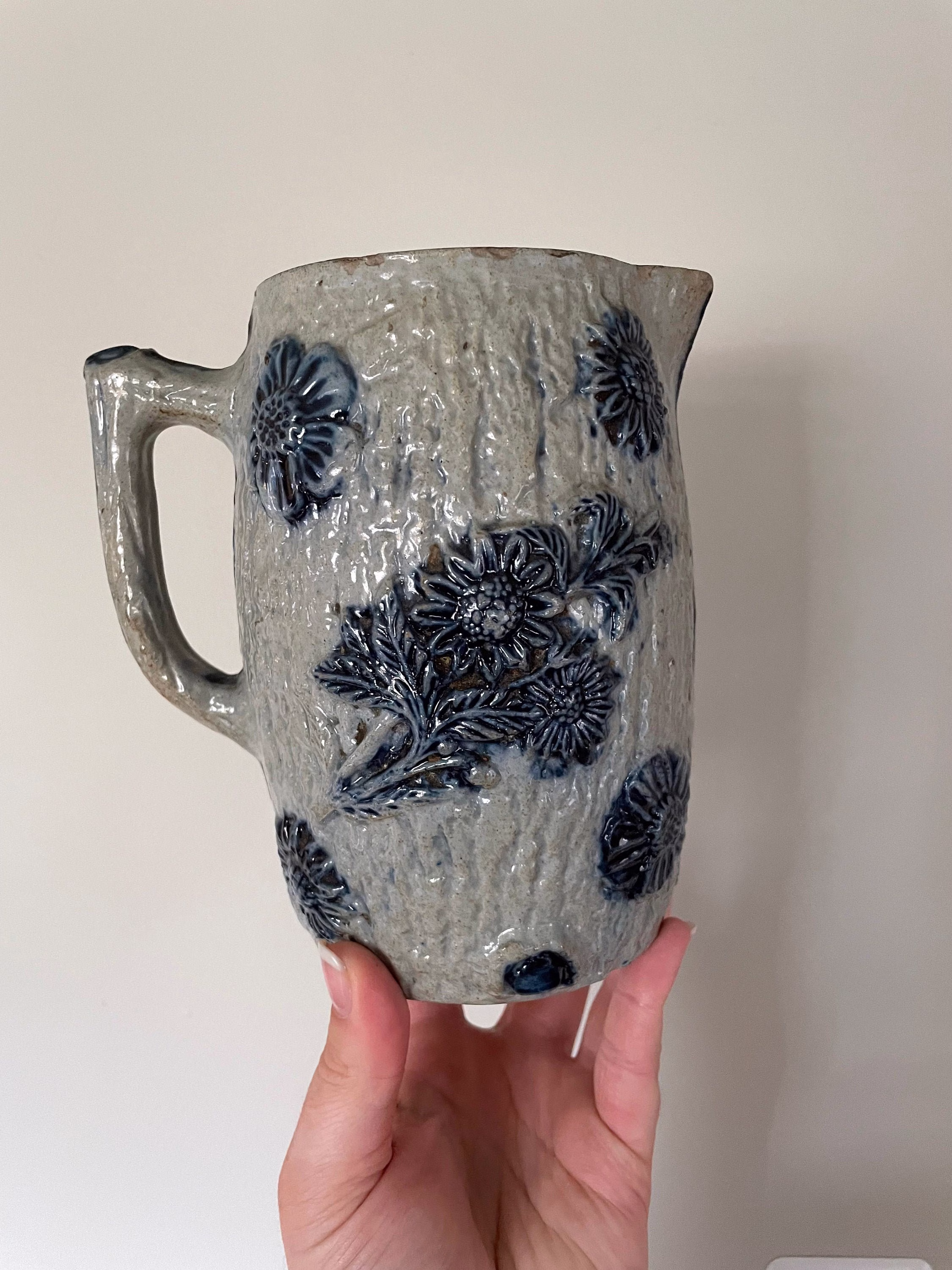 Vintage Salt Glaze Utica Indigo Rose Pottery Pitcher