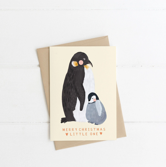 Little Penguin Christmas Card | First Merry Seasons Greeting Baby Daughter Newborn| Eco-Friendly Recycled Hand Painted