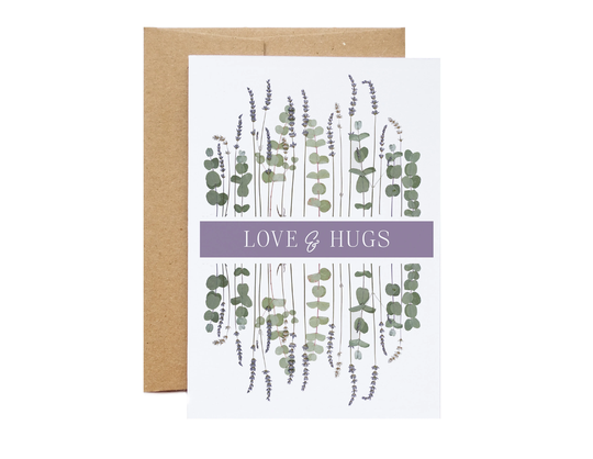 Greeting Card, Love & Hugs, Lavender & Eucalyptus Pressed Flower 5x7 Large Digitally Printed Botanical Card
