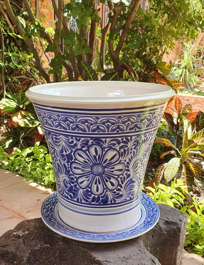 Mexican Pot 13.4 H Floral Blue & White Talavera Mayolica For Garden Guanajuato Mexico