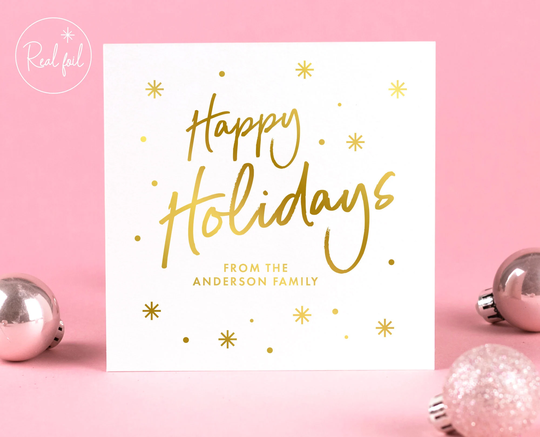 Happy Holidays From Our Family, Christmas Personalised Card, Card Gold, Silver, Rose Gold