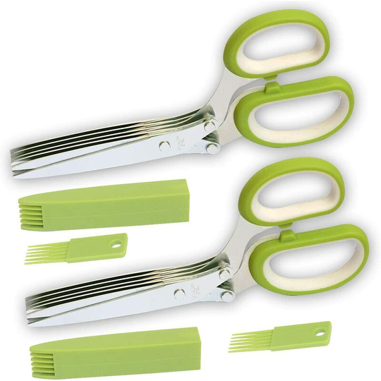 2 Packs Stainless Steel Scissors 5-Blades Herb Stripping Tool with Safe Cover, Cleaning Comb