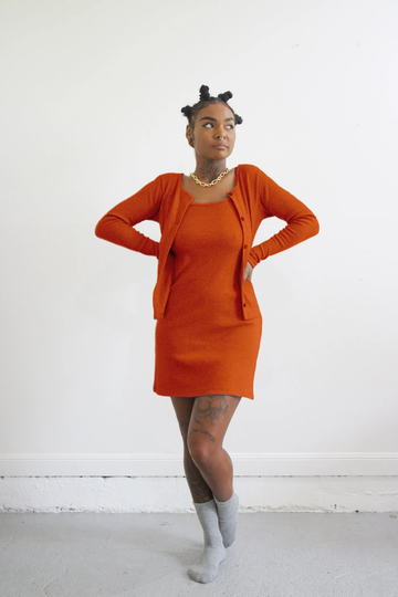 Organic Cotton Knit Cardigan. Ladies Burnt Orange Stretch Button Up Top. Rib Cardigan - Ember