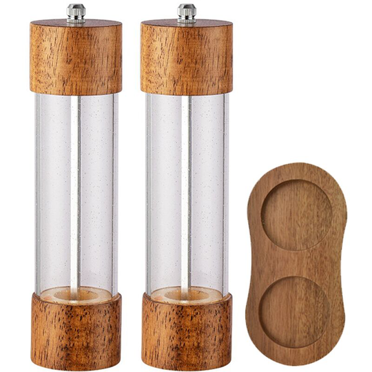 Premium Acrylic Salt and Pepper Grinder Set, Manual Salt and Pepper Mills- Wooden Shakers 8 inch two-piece set + base box