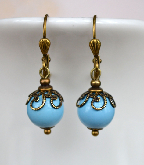 Art Nouveau, Antiqued Brass, Powder Blue Glass Drop Earrings