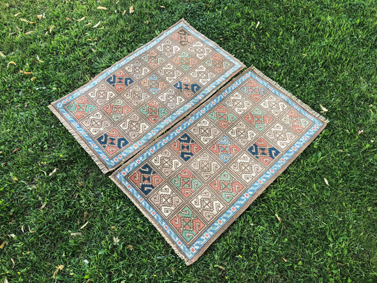 Pair Of Turkish Rugs, Small Vintage Rug, Matching Door Mat, Brown Oushak 2x3 Oriental Twin Boho Bathroom Set Rugs